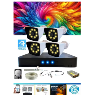 4 Kameralı Kare 4 Dış Kamera Set 250 GB HDD Dahil Full HD Renkli Gece Görüşlü Güvenlik Kamerası Sistemi