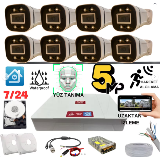ARNA 5 MP GECE RENKLİ YÜZ TANIMA SESLİ H.265 320 GB HDD DAHİL 8 KAMERALI AHD GÜVENLİK SETİ - ST85320