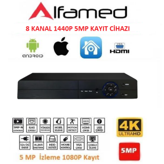 ALFAMED 8 Kanal 1440P 5MP FULL HD AHD XMEye Güvenlik Kayıt Cihazı AF-1708