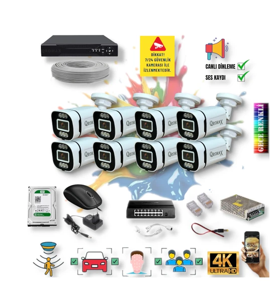 8 Kameralı IP Set - Yapay Zeka Özellikli Gece Renkli Gösteren Sesli 6 Warm Ledli 4K FULLHD IP Güvenlik Kamerası Seti 4386WS
