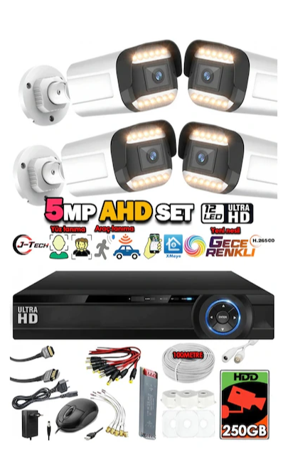 J-tech 5mp 7070 Renkli Gece Görüşlü 4 Lü Akıllı Güvenlik Kamera Seti Yüz Ve Araç Tanıma