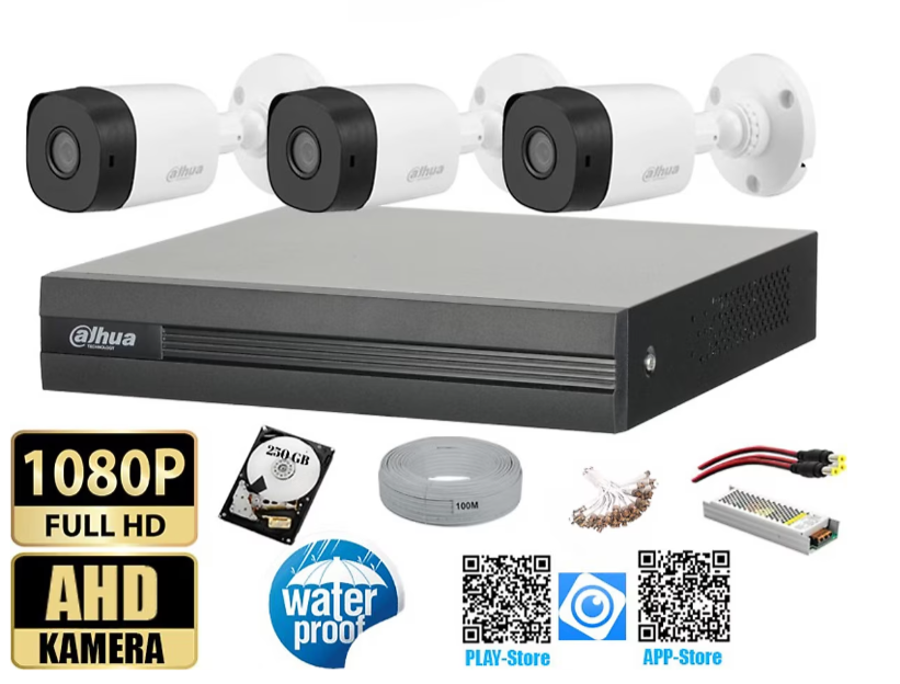 DAHUA 3 Kameralı 250GB Harddiskli 30m Gece Görüşlü Full HD Güvenlik Kamera Set Her şey dahil