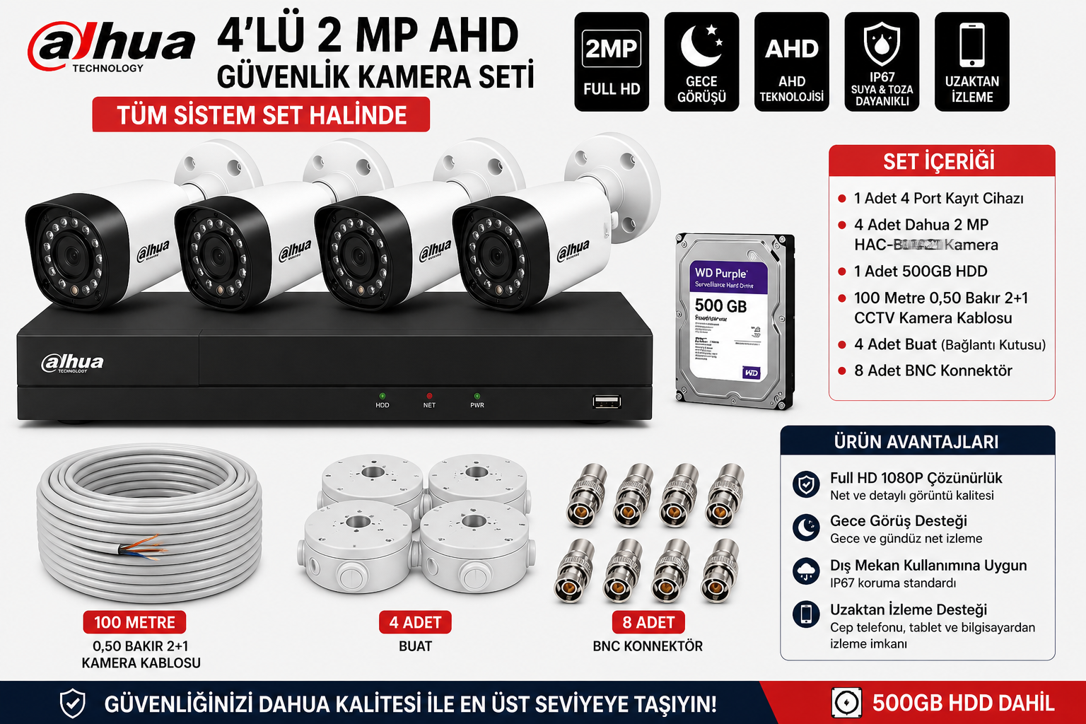 DAHUA 4 LÜ 2 MP DAHUA AHD KAMERA TÜM SİSTEM SET HALİNDE