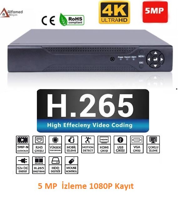4 KANAL 1440P 5MP FULL HD AHD GÜVENLİK KAYIT CİHAZI H265 görünüm