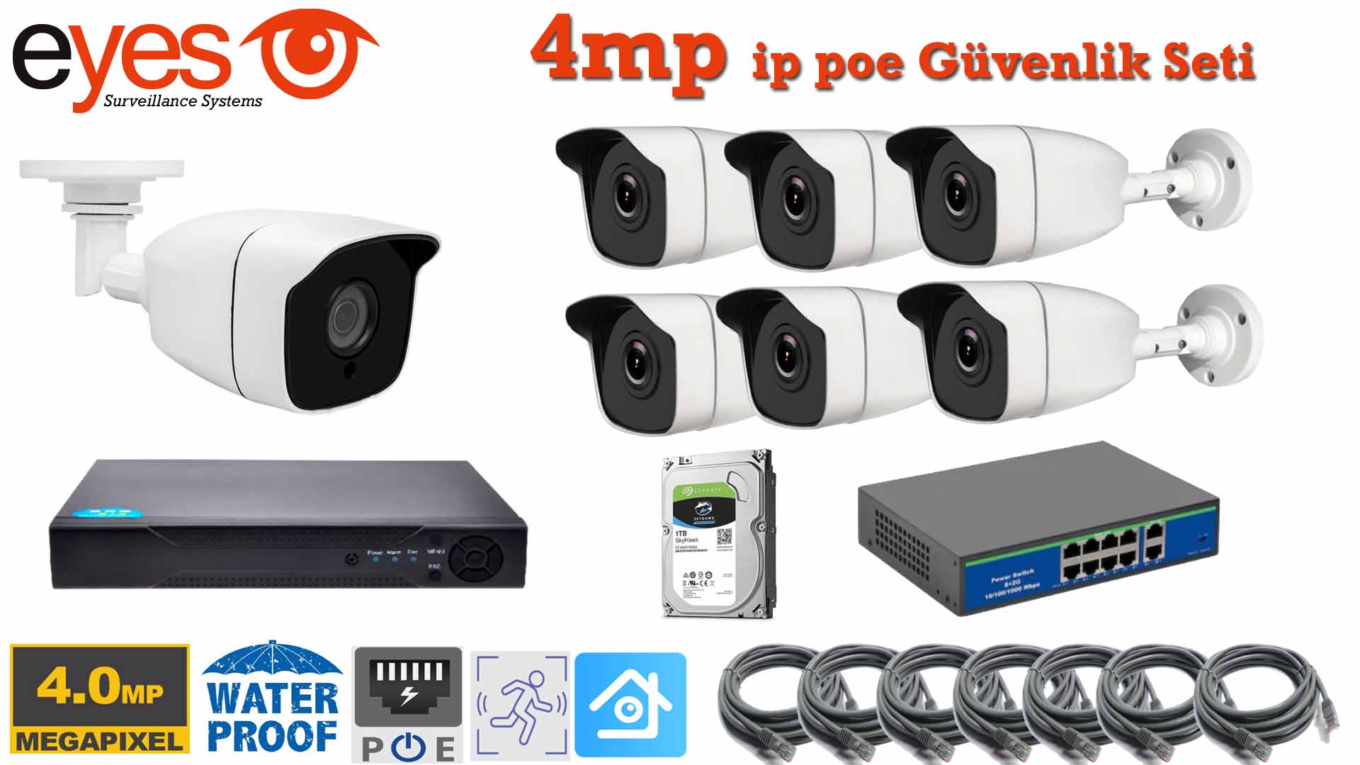 7 kameralı 4mp ip poe Güvenlik Seti EY-4407