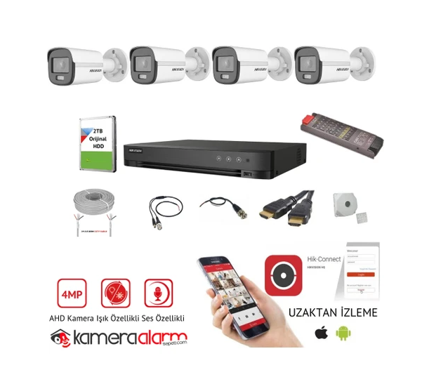 Hikvision 4mp 7/24 Renkli Ses Kayıtlı 4'lü Ahd Kamera Seti - Uzaktan Izleme - 2tb HDD