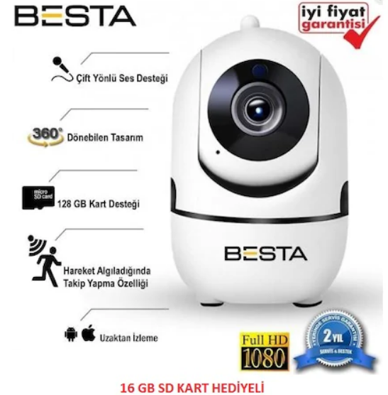 BESTA Kablosuz Kamera 1080P Harekete Duyarlı 360 Derece 2MP 16GB BB-1614