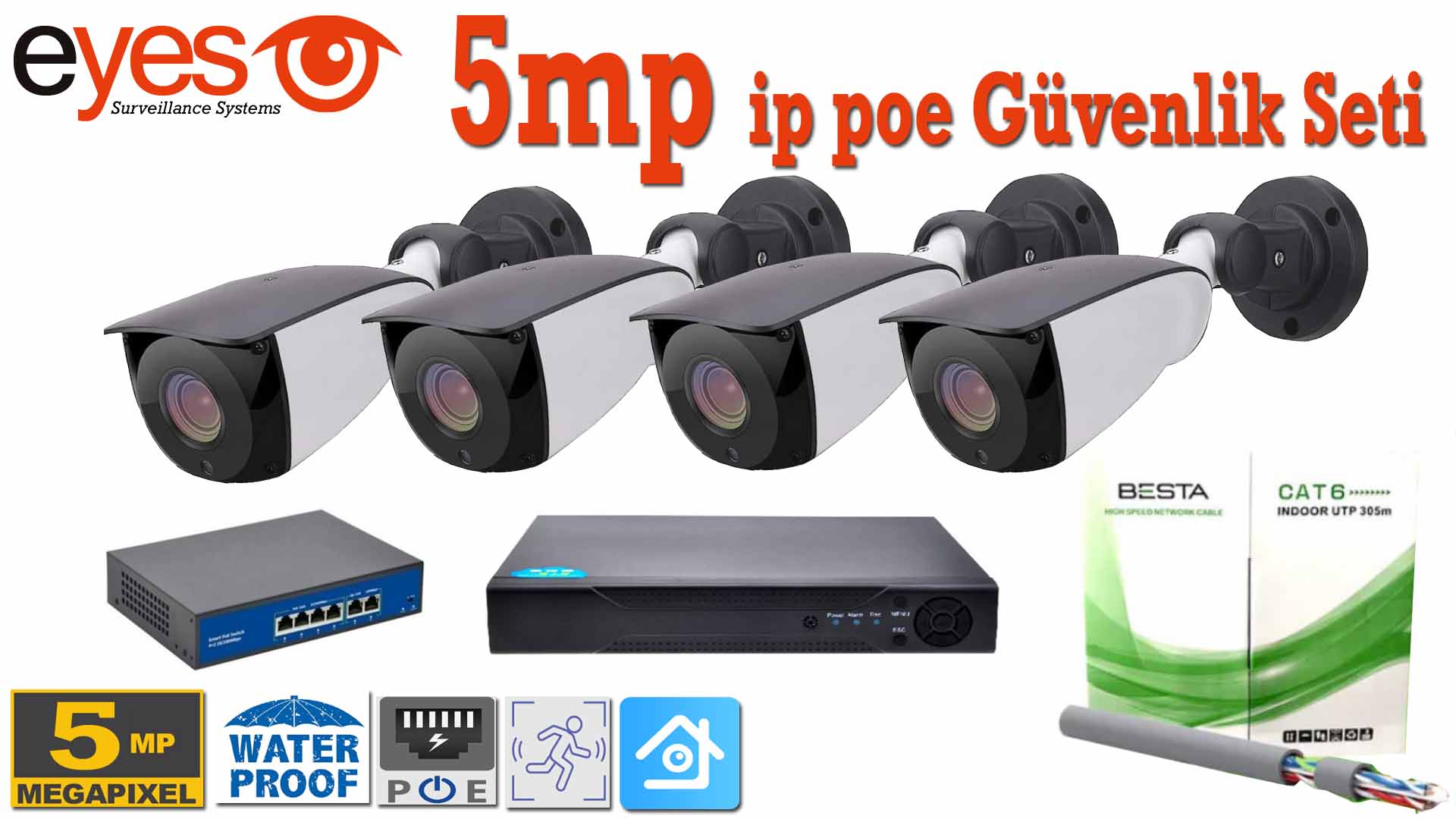 5MP POE H265 4 KAMERALI Ip Güvenlik Kamerası Sistemi 4K