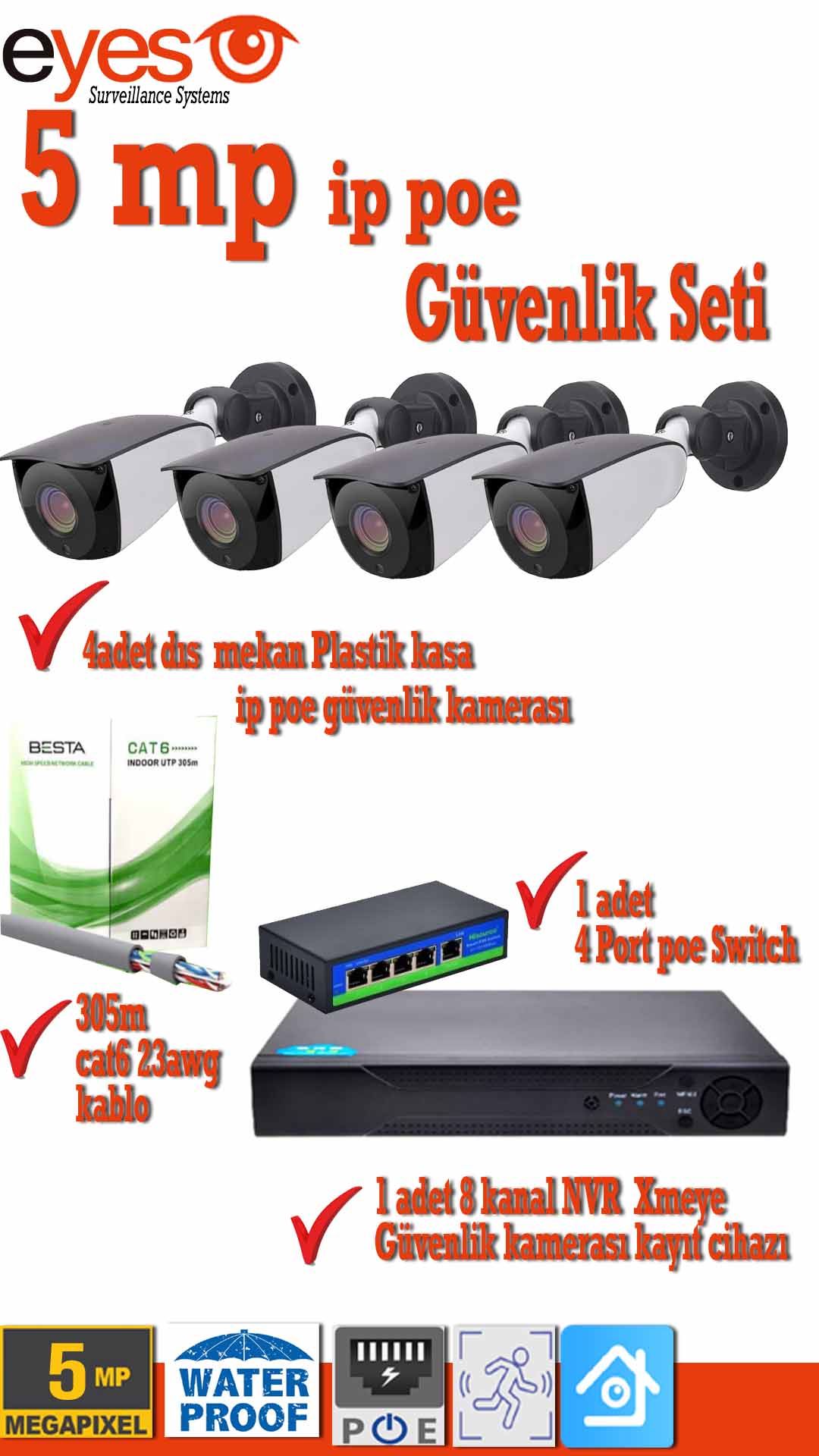 4 Kameralı 5MP 1520P H265 POE Ip Güvenlik Kamerası Sistemi Sesli 4K