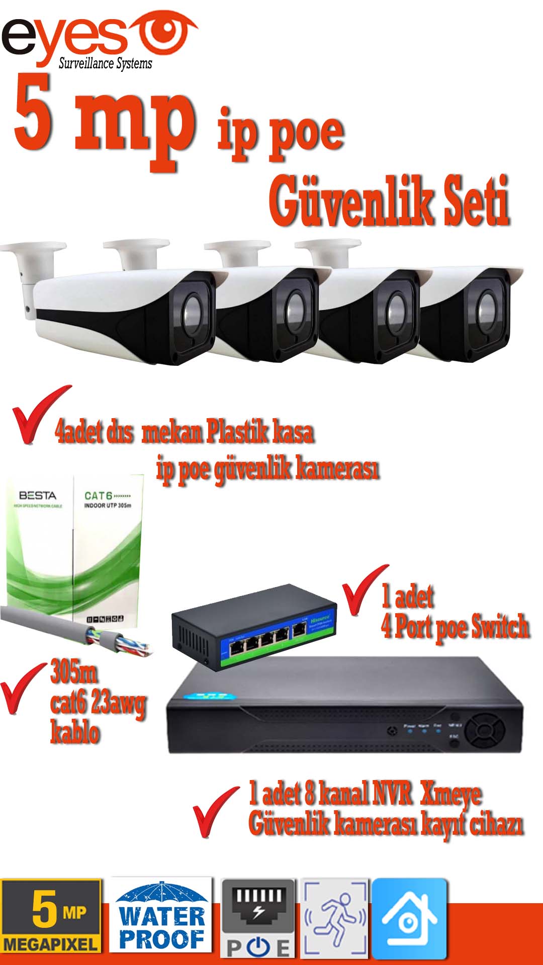 4 DOME Kameralı 5MP 1520P H265 POE Ip Güvenlik Kamerası Sistemi Sesli 4K