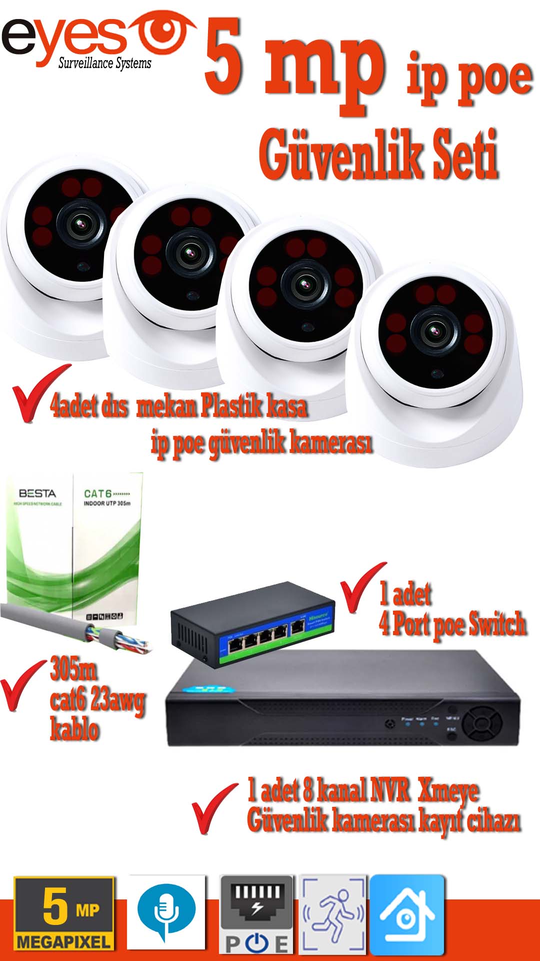 4 DOME Kameralı 5MP 1520P H265 POE Ip Güvenlik Kamerası Sistemi Sesli 4K