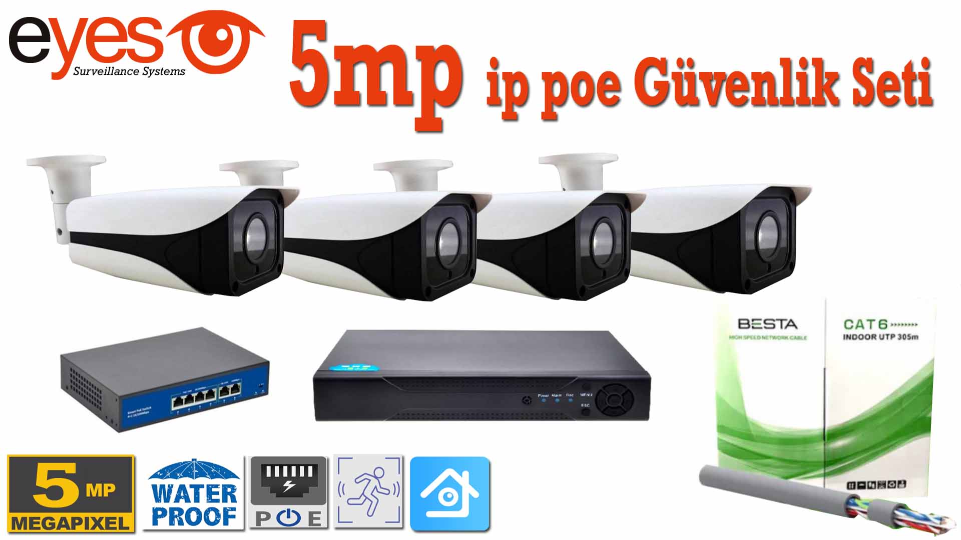 4 Dış Mekan Kameralı 5MP 1520P H265 POE Ip Güvenlik Kamerası Sistemi 4K