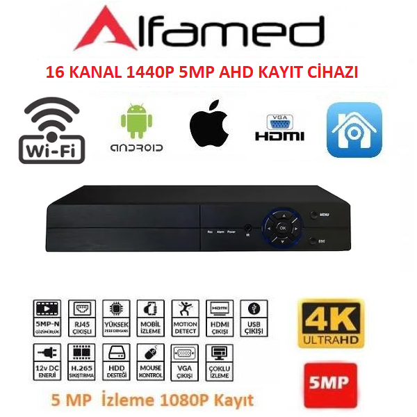 ALFAMED 16 Kanal 1440P 5MP FULL HD AHD Güvenlik Kayıt Cihazı AF-1716