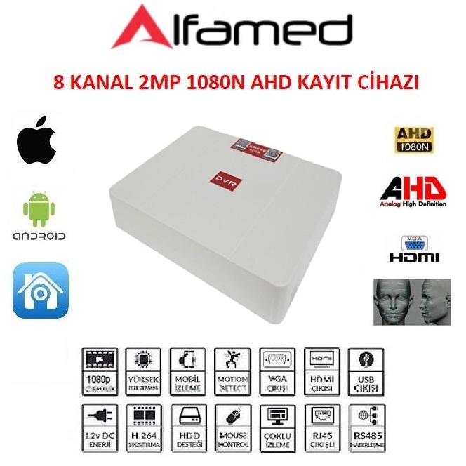 ALFAMED 8 KANAL 2MP 1080 AHD DVR KAYIT CİHAZI XMEye YAZILIM AF-1508
