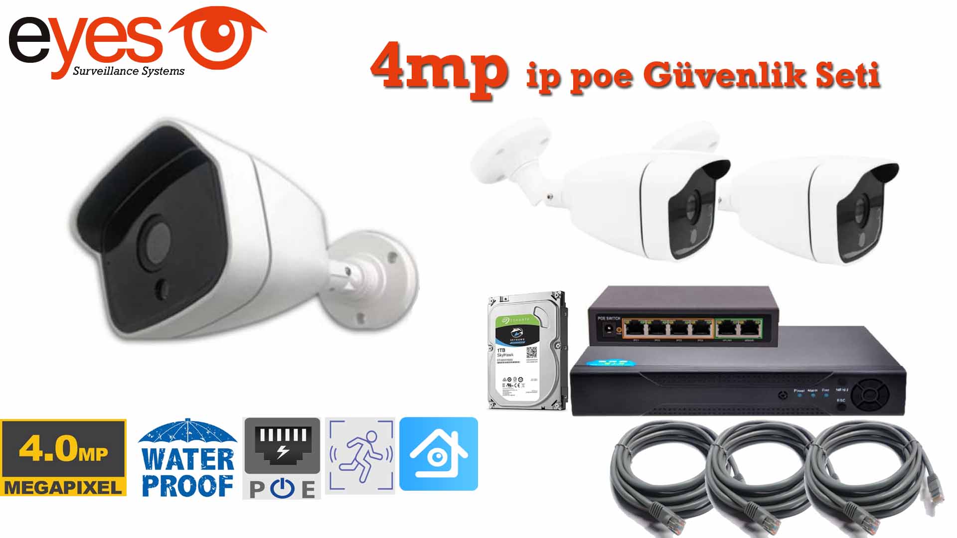 3 kameralı 4mp ip poe Güvenlik Seti EY-4402